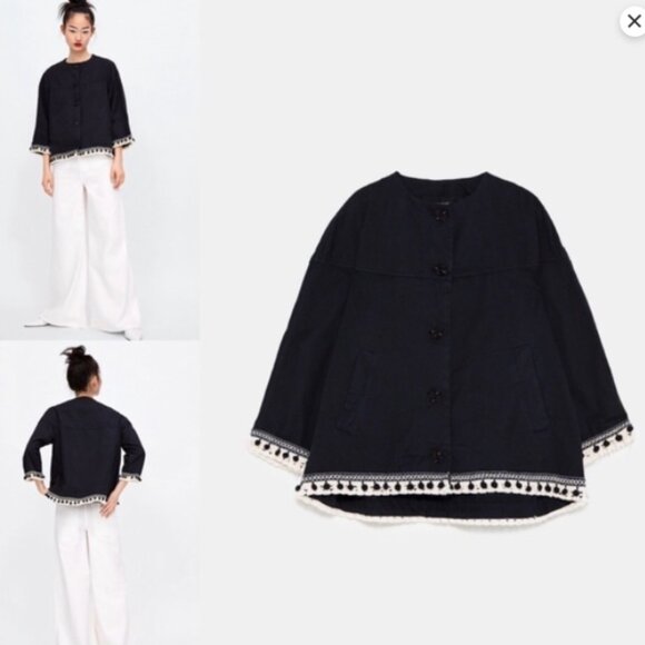 Zara Cotton Jacket NAVY Cream Pom Poms and Tassel Medium - Picture 3 of 15